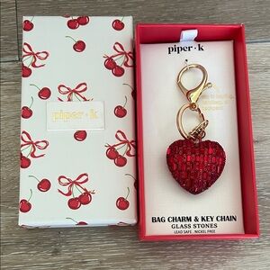 ❤️ ✨ Piper.k Cherry Heart Bag Charm Keychain – Red Glass Stones, Gold Clip, NWT